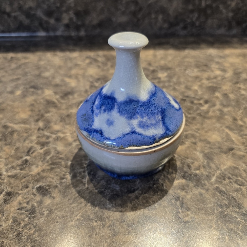 Handmade Studio Pottery Lidded Jar Crackle Glaze‎  Signed "Maylon"